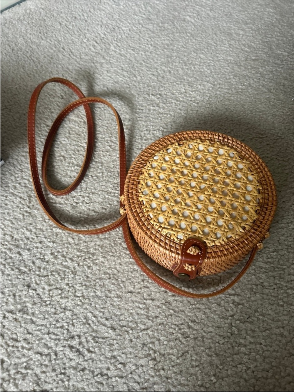 Woven Round Cane and Wicker Crossbody Purse in Natural Brown